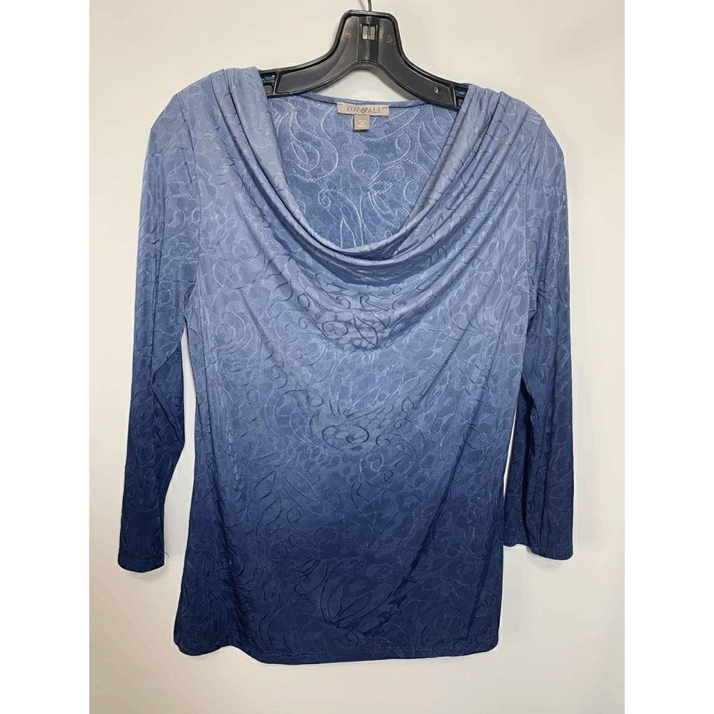 Roz & Ali Womens Ombre Animal Print Embroidered Swirls Blouse Blue Petite Medium